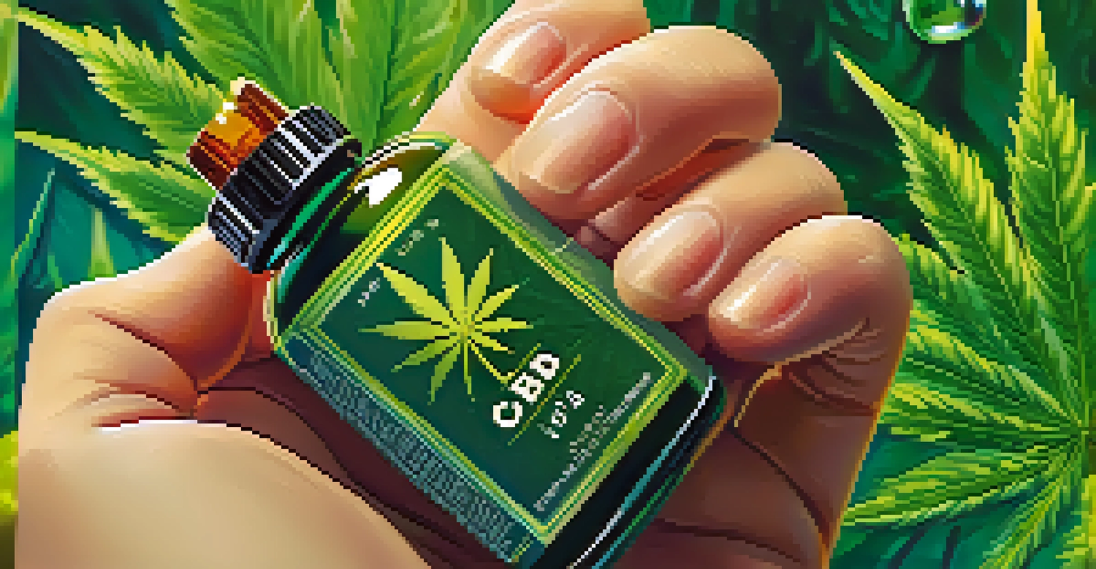 A close-up of a hand holding a dropper bottle of CBD oil with cannabis leaves in the background and sunlight reflecting on the bottle.