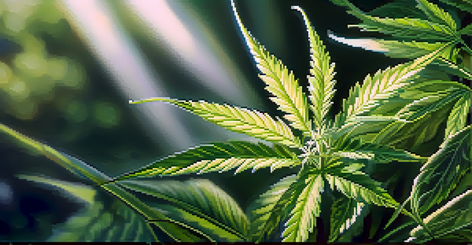 A detailed close-up of a cannabis plant with green leaves and white buds under soft sunlight in a forest.
