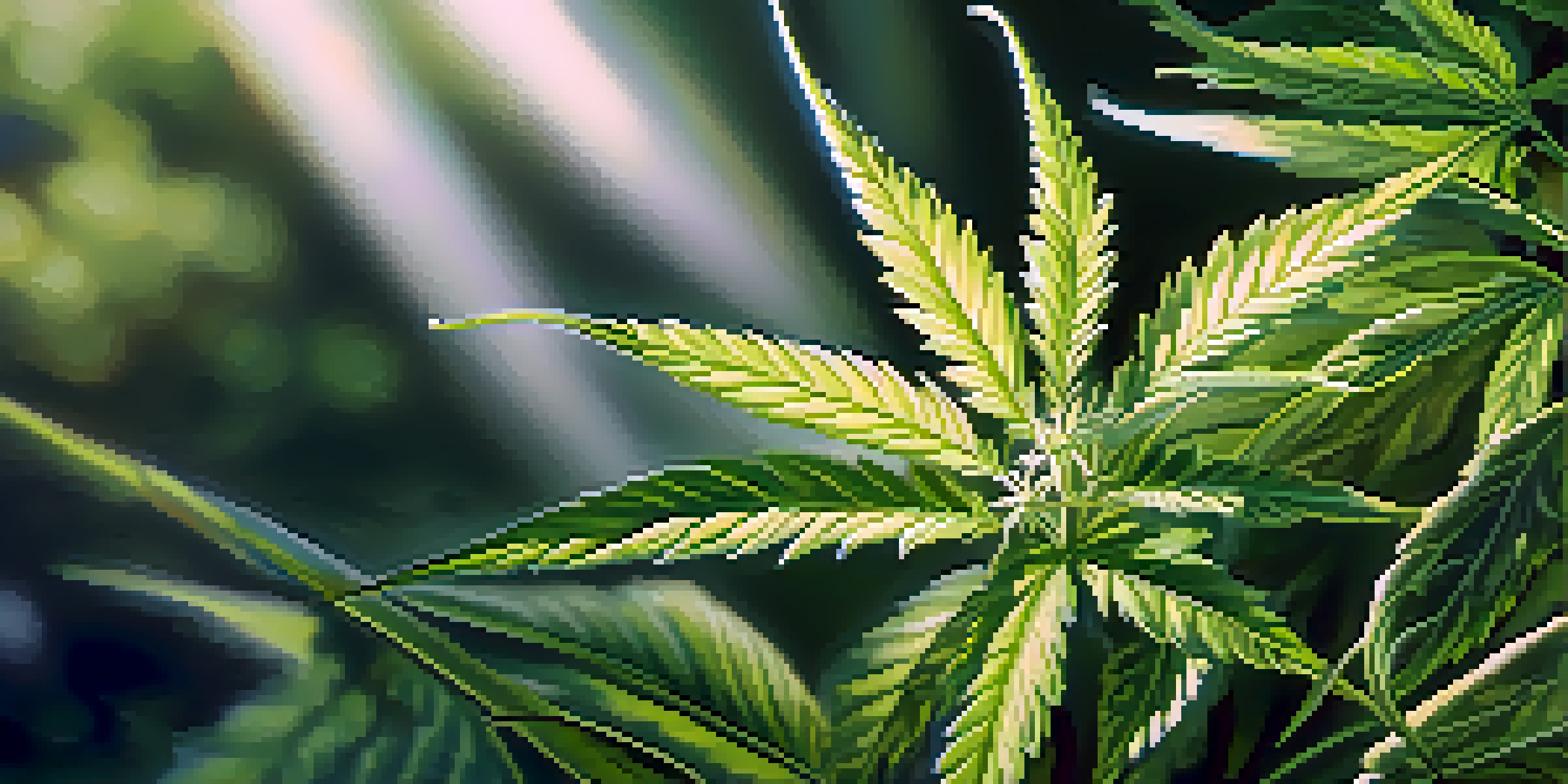 A detailed close-up of a cannabis plant with green leaves and white buds under soft sunlight in a forest.