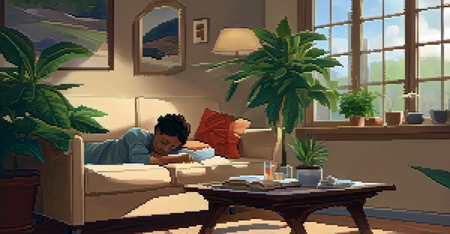 A medical marijuana patient in a cozy living room, sitting on a couch with plants and a journal.