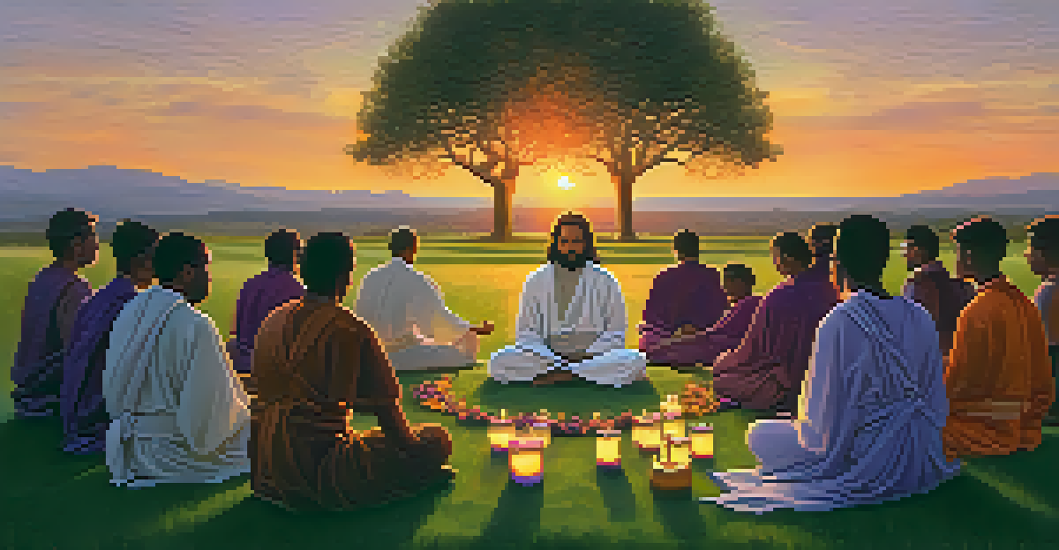 A group of people in a spiritual ceremony seated in a circle on grass during sunset, holding hands.