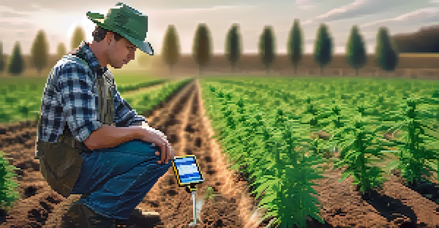 A farmer using a moisture sensor in a marijuana field, with healthy plants and rich soil in focus.