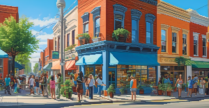 A lively street scene in a cannabis-friendly city with a colorful dispensary and diverse people interacting under a bright sky.