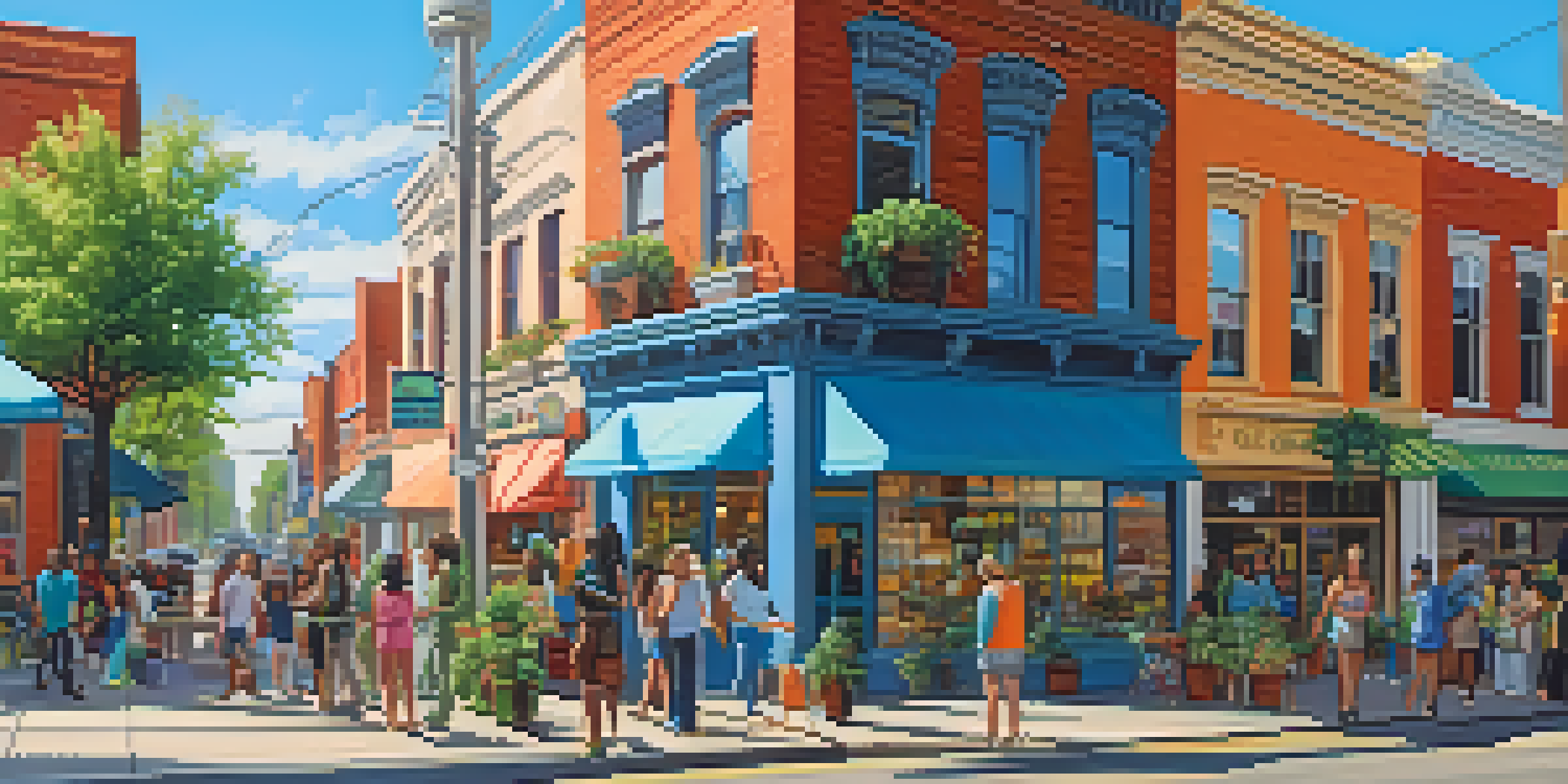 A lively street scene in a cannabis-friendly city with a colorful dispensary and diverse people interacting under a bright sky.