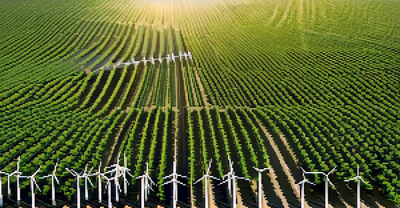 An aerial view of a marijuana farm with solar panels and wind turbines in the landscape.