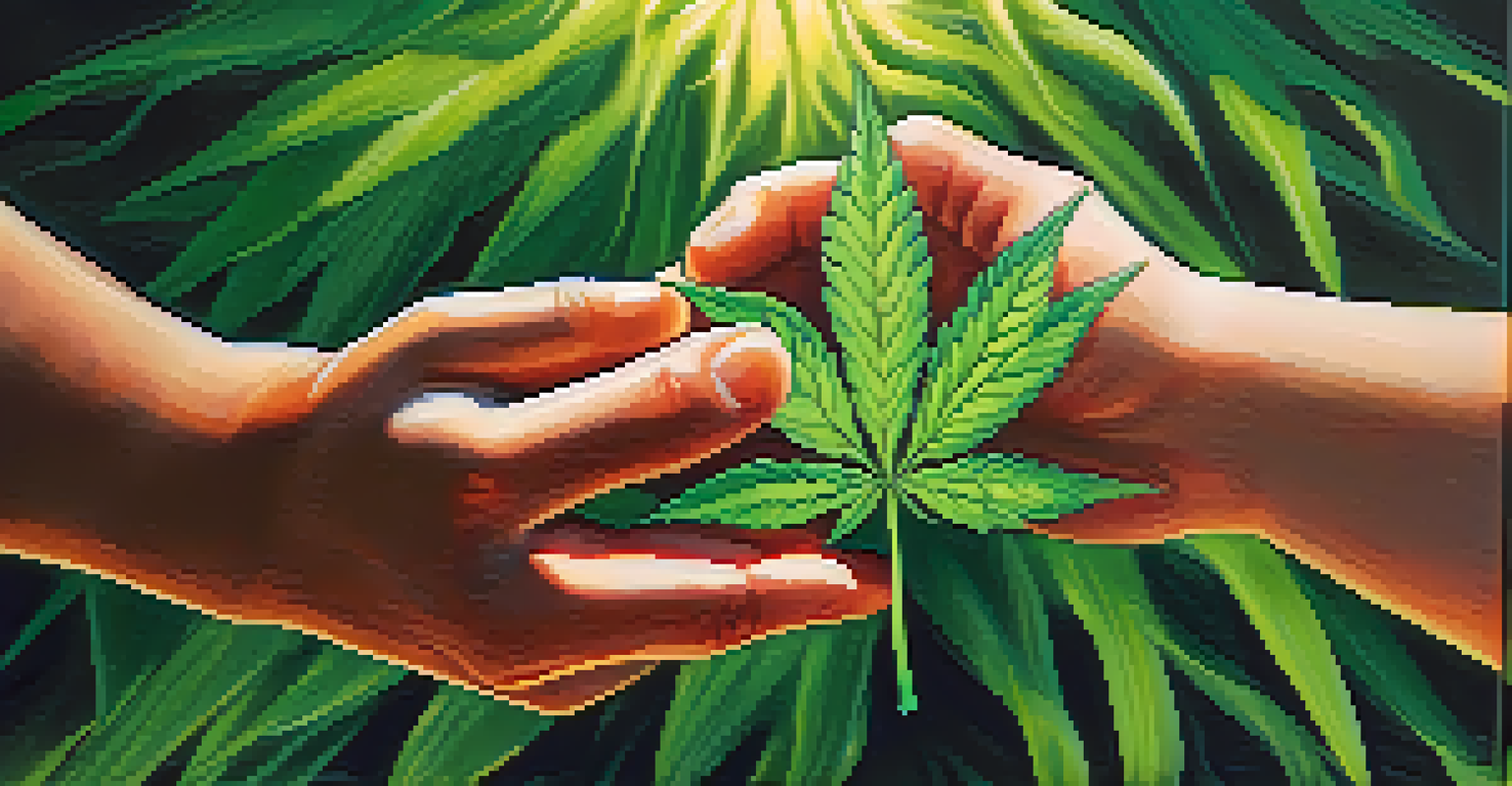 A close-up of hands exchanging a cannabis plant, symbolizing community support and collaboration in the industry.