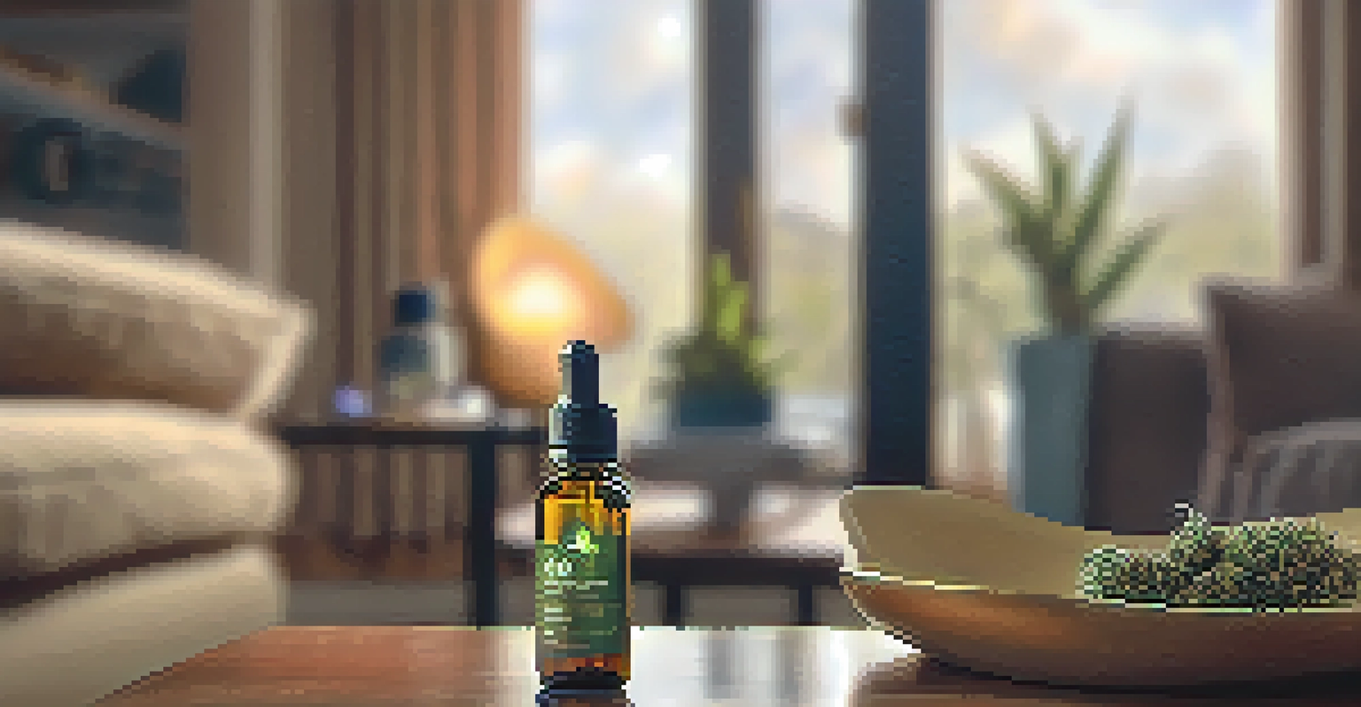 A close-up of a person holding a dropper bottle of CBD oil in a cozy living room setting, with warm lighting.