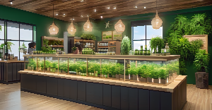 A colorful and inviting interior of a cannabis dispensary with product displays and budtenders helping customers.