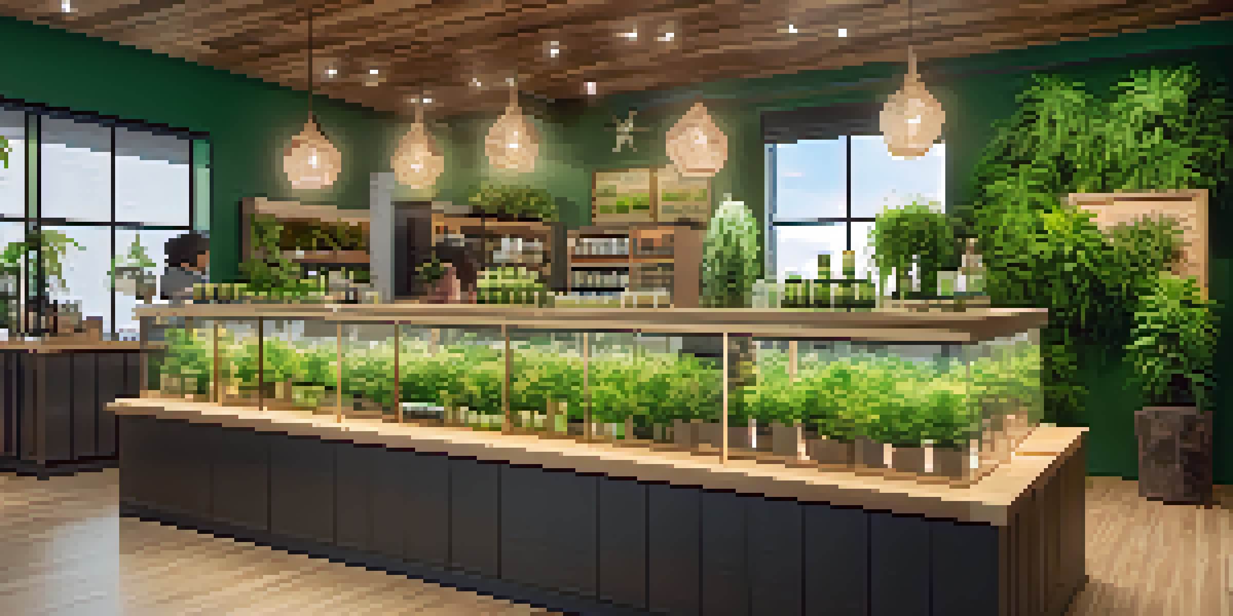 A colorful and inviting interior of a cannabis dispensary with product displays and budtenders helping customers.