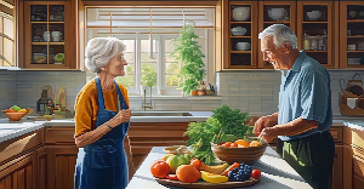 An elderly couple preparing healthy snacks in a cozy kitchen, surrounded by fresh ingredients and a bowl of marijuana leaves.