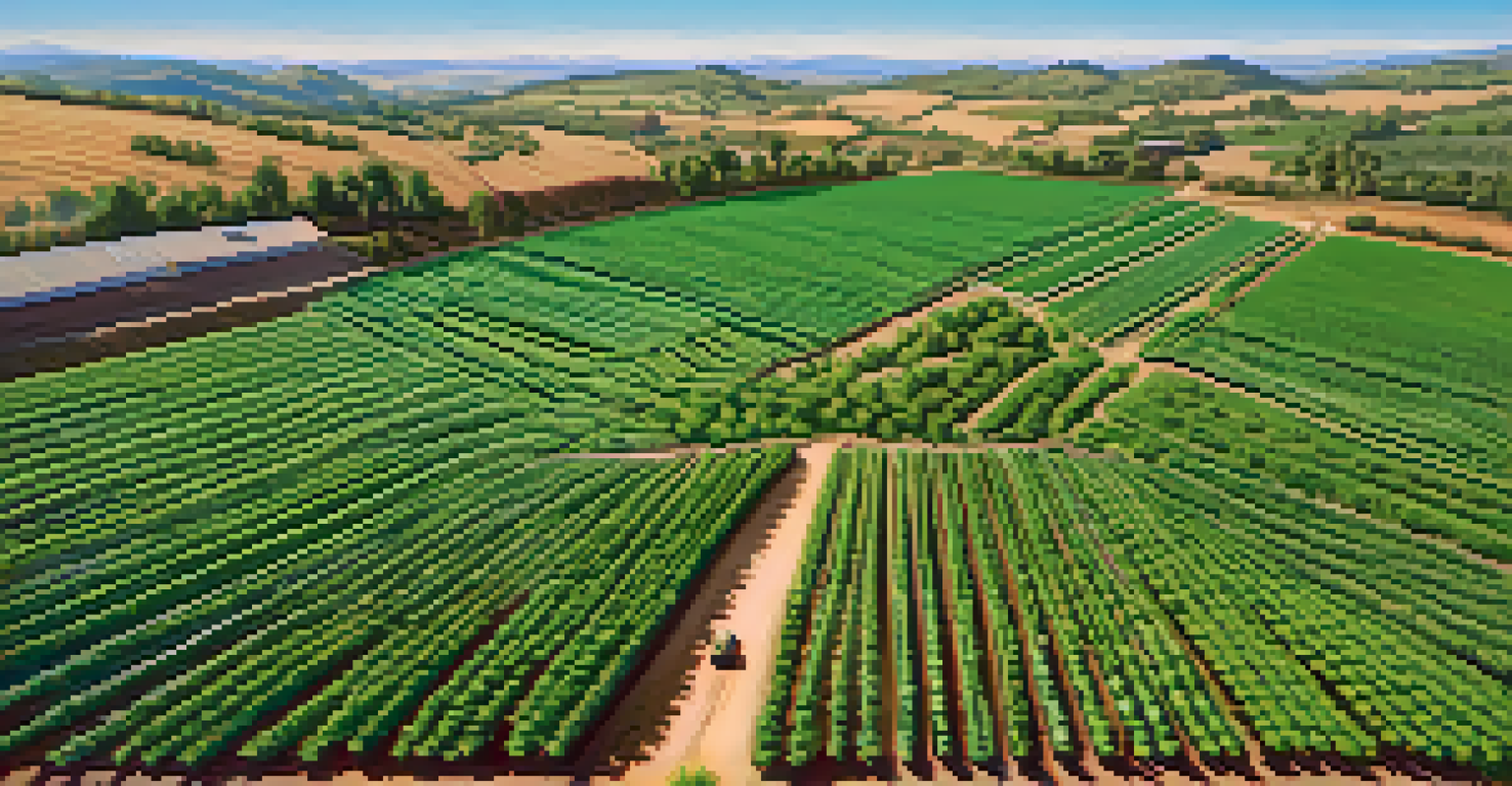 An aerial view of a cannabis cultivation farm with lush green plants and diverse surrounding crops.
