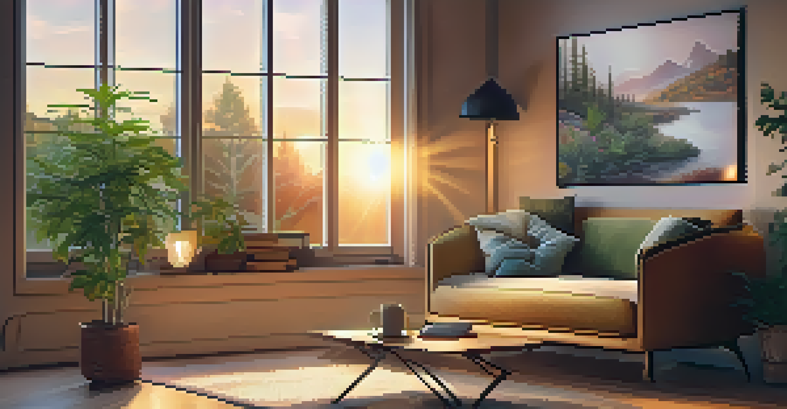 A cozy room with a table holding tea and a cannabis plant, illuminated by warm sunset light.