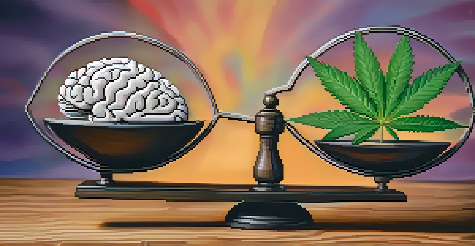 A balanced scale with a marijuana leaf on one side and a brain on the other, representing the connection between marijuana and mental health.