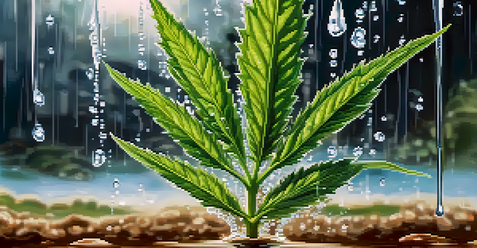 A close-up of a cannabis plant with water droplets, showcasing sustainable water management practices.