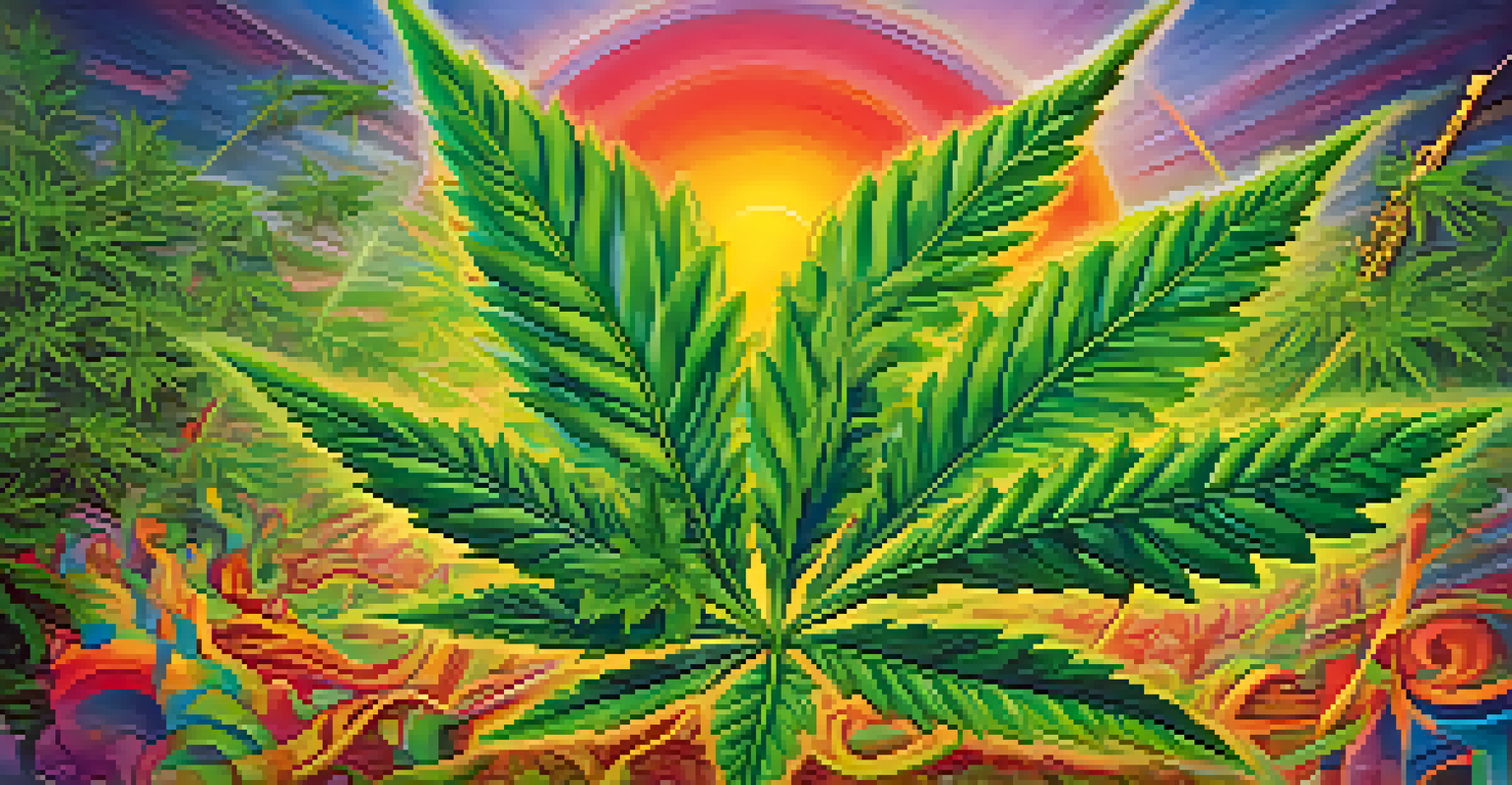 An artistic image of cannabis leaves intertwined with colorful musical notes against a sunset gradient background, symbolizing the connection between reggae and cannabis.
