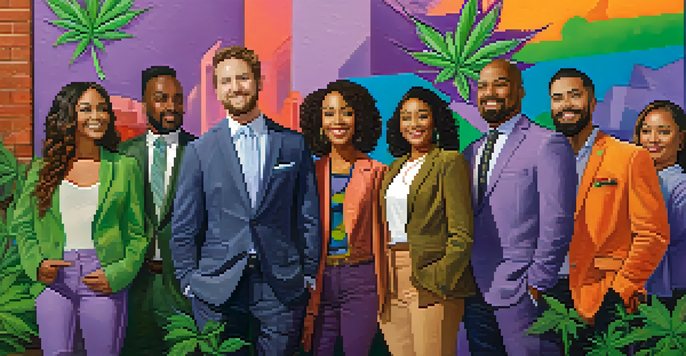 A diverse group of people smiling and standing together in an urban area, with a colorful mural depicting social equity in the cannabis industry.