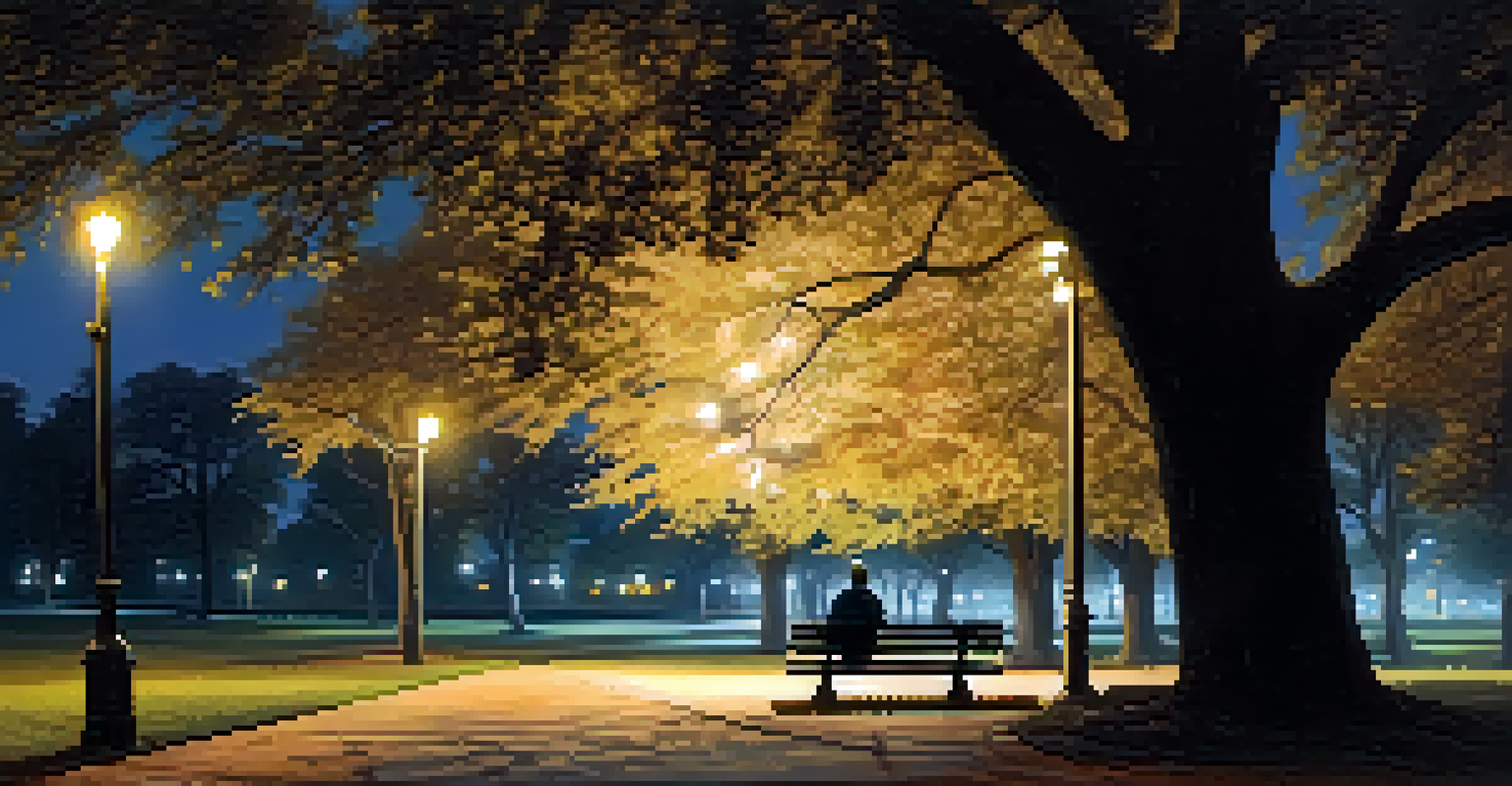 A tranquil park at night with a person sitting on a bench under a tree, looking at the moon and stars.