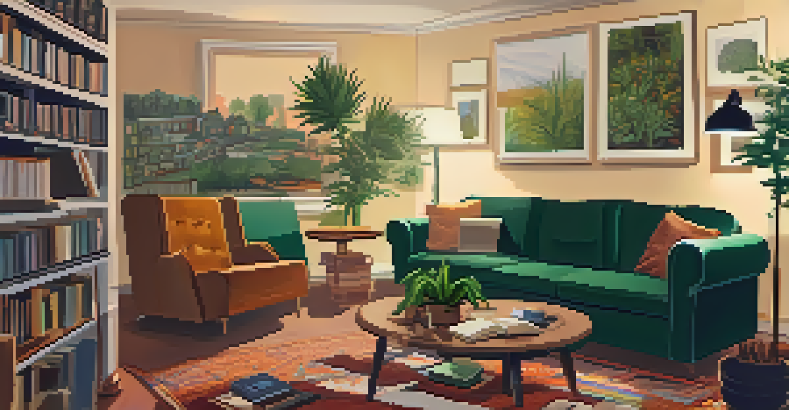 A cozy living room with two people discussing marijuana and mental health over a podcast setup, surrounded by books.