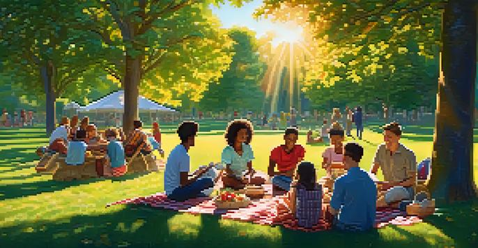 A diverse group of people having a picnic in a park during sunset, with sunlight filtering through the trees.