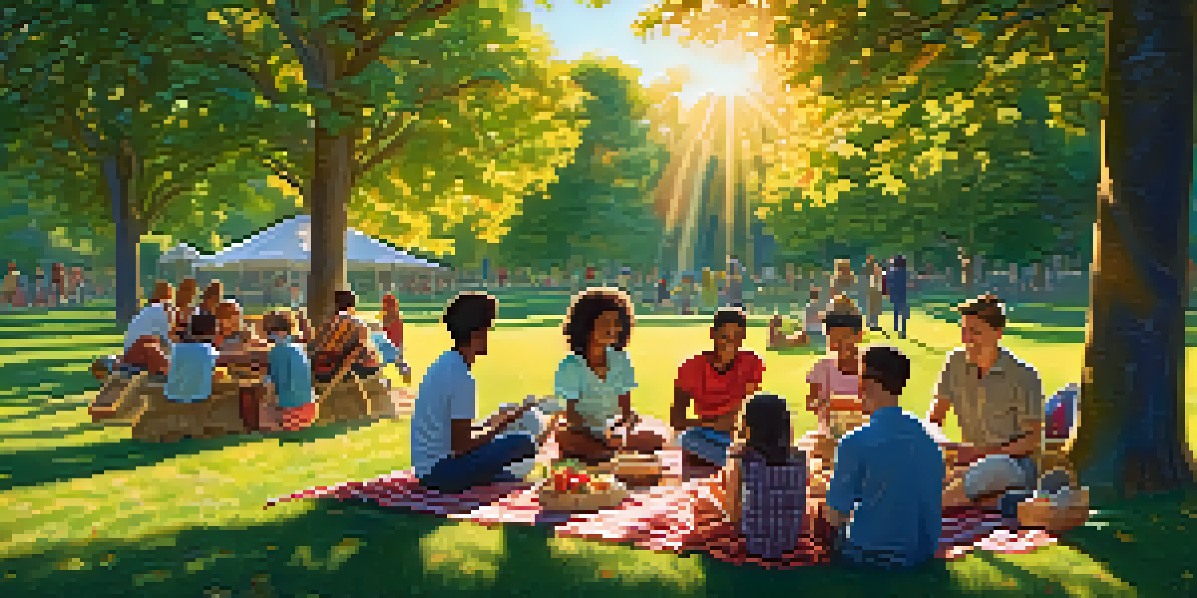A diverse group of people having a picnic in a park during sunset, with sunlight filtering through the trees.