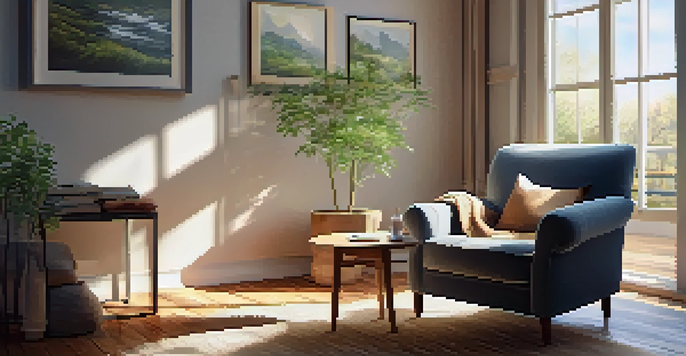 A cozy indoor scene with an armchair, a blanket, a cup of tea, and CBD oil on a table, illuminated by soft natural light.