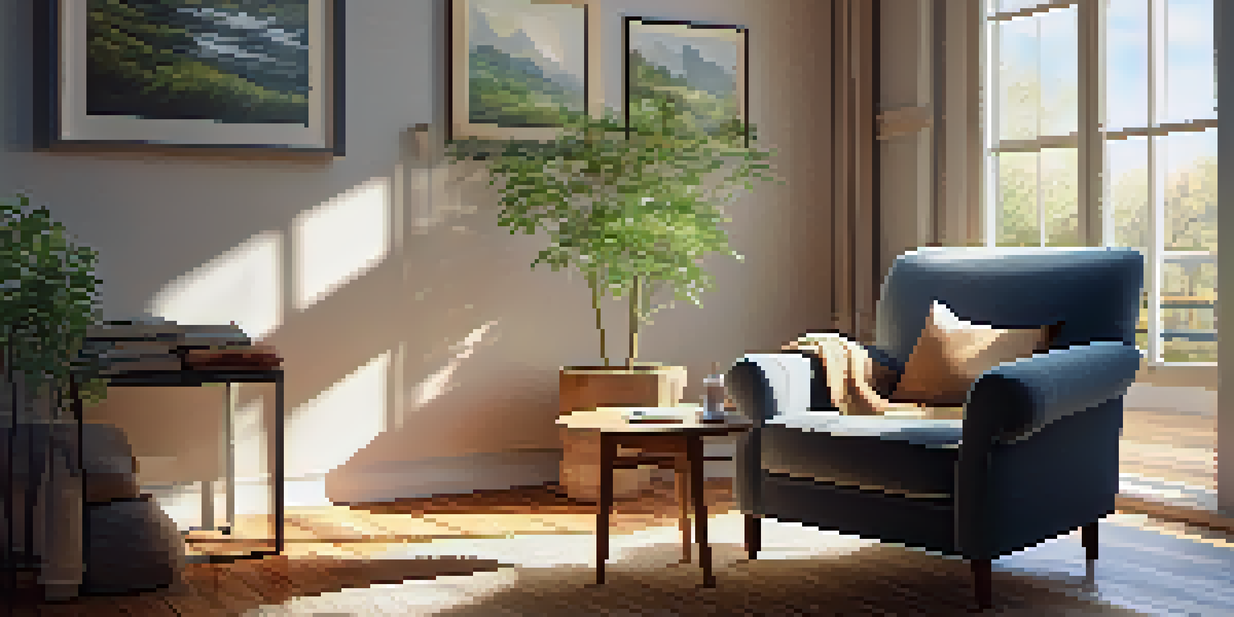 A cozy indoor scene with an armchair, a blanket, a cup of tea, and CBD oil on a table, illuminated by soft natural light.