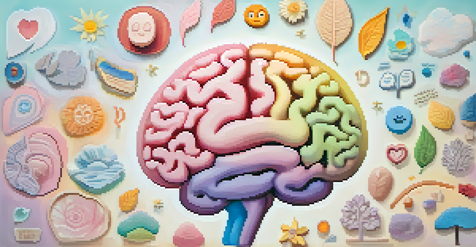 A stylized brain surrounded by icons of mental health and well-being in pastel colors, with light radiating from it and a calming gradient background.