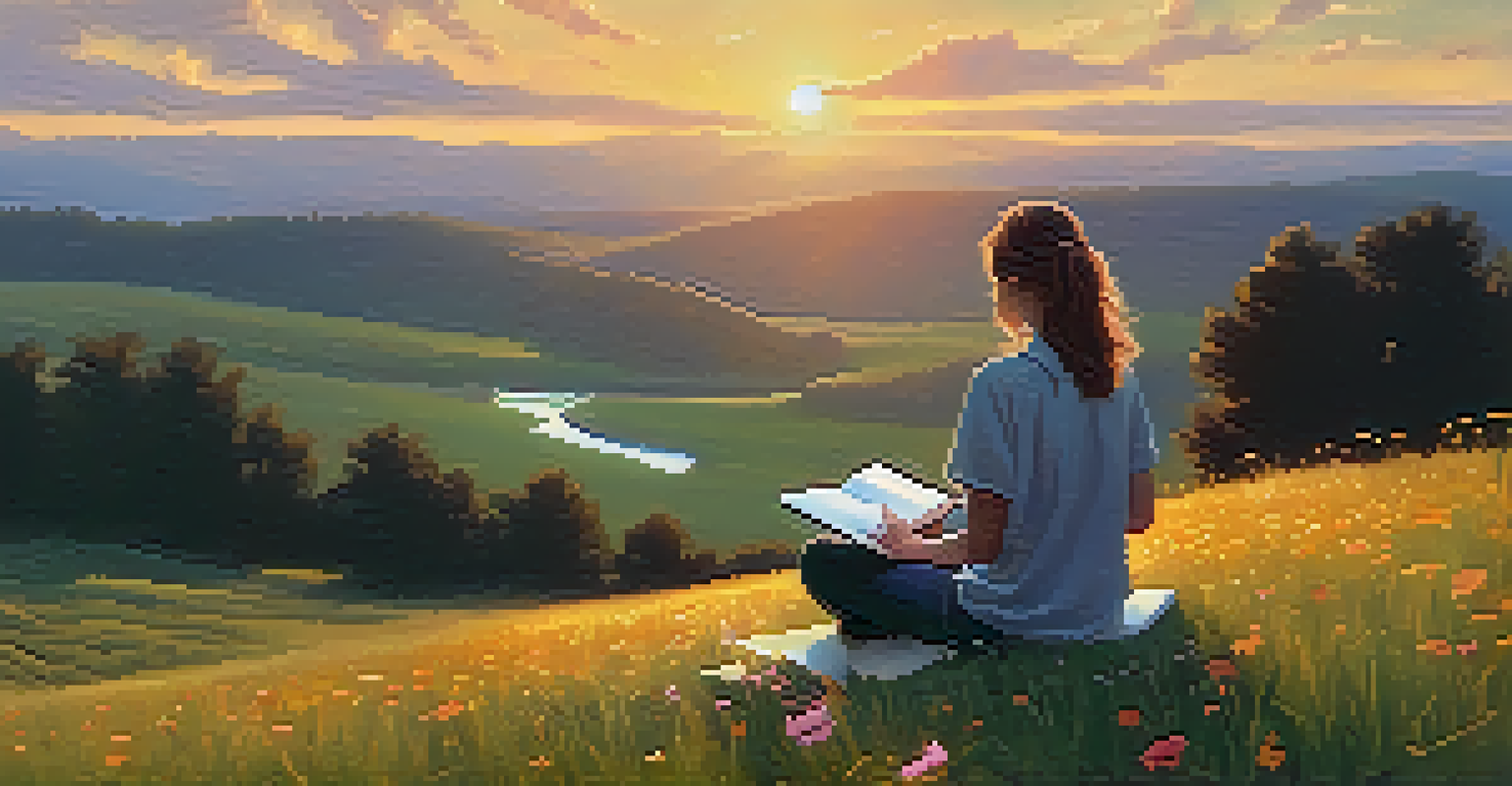 A writer outdoors on a grassy hill, capturing inspiration in a notebook as the sun sets, surrounded by nature.
