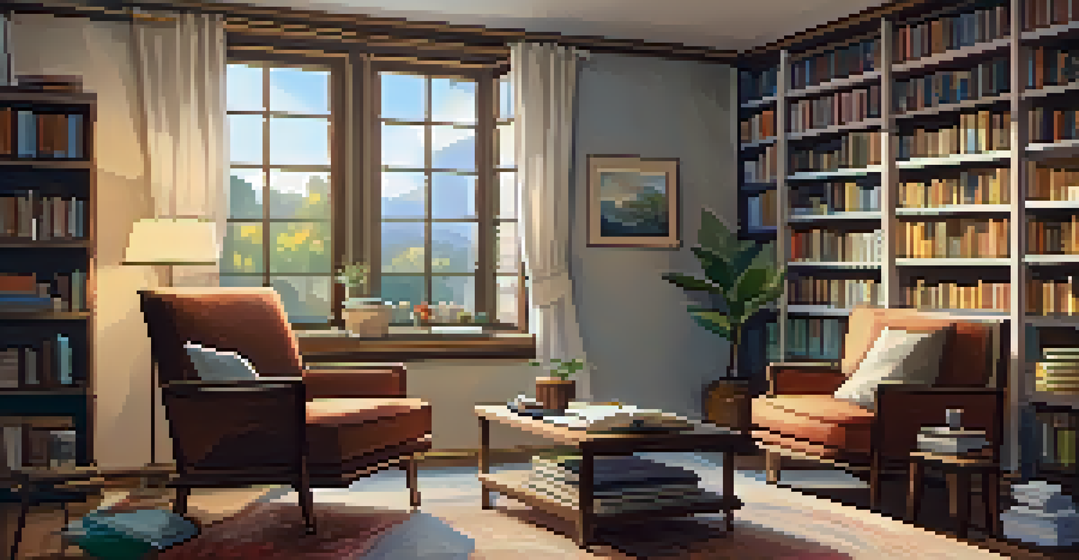 A cozy creative space with an armchair, soft lighting, bookshelves, and a table with a cup of tea and sketchbook.