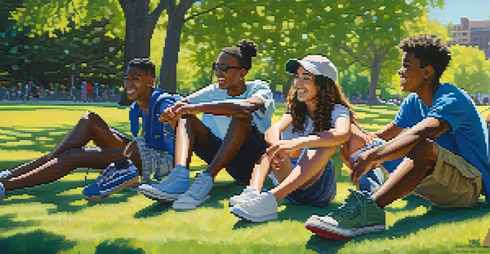 A diverse group of teenagers enjoying a lively conversation in a park, surrounded by nature.