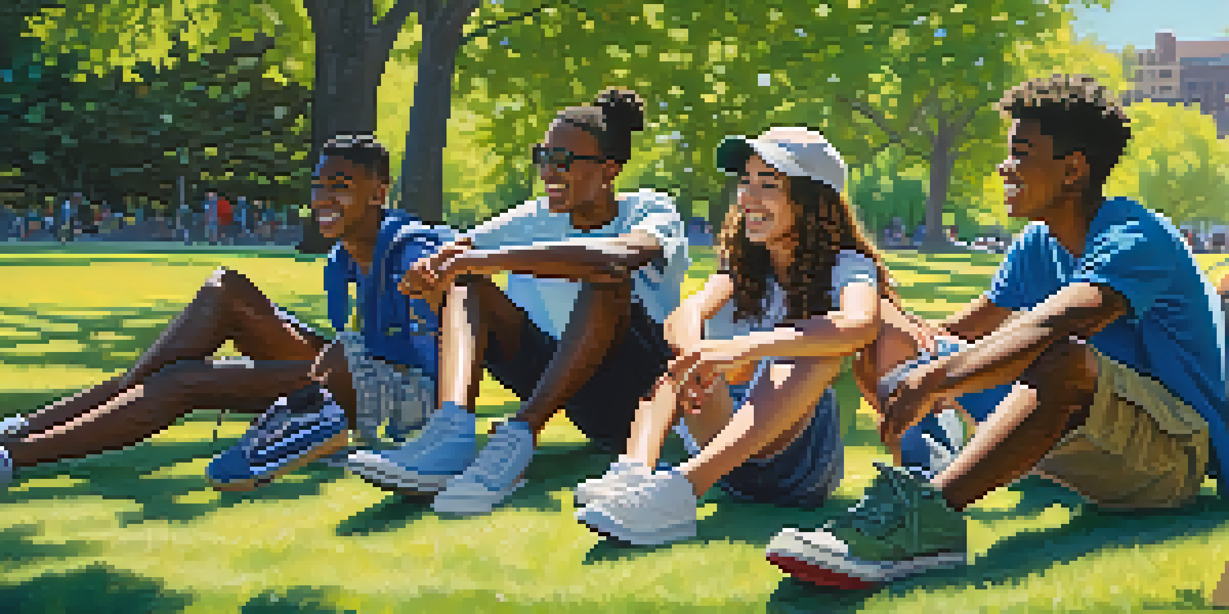A diverse group of teenagers enjoying a lively conversation in a park, surrounded by nature.