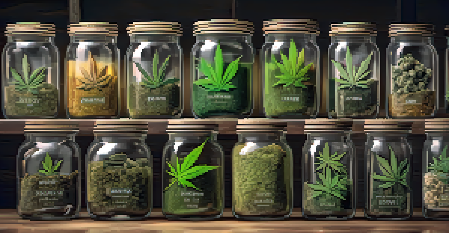 A close-up of cannabis strains in jars with labels, set on a rustic wooden table.