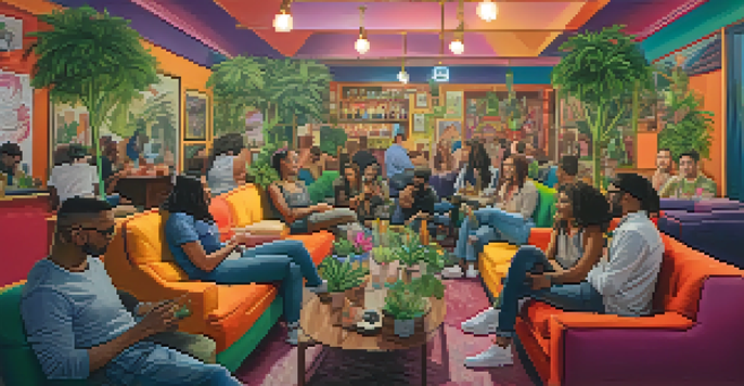 A lively cannabis lounge with diverse people from the LGBTQ+ community sharing stories and enjoying each other's company in a colorful and welcoming environment.