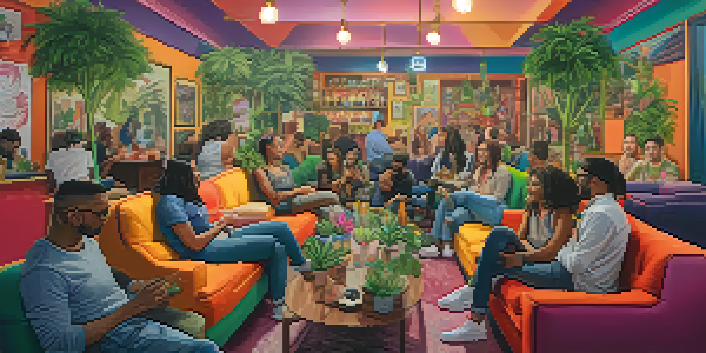 A lively cannabis lounge with diverse people from the LGBTQ+ community sharing stories and enjoying each other's company in a colorful and welcoming environment.
