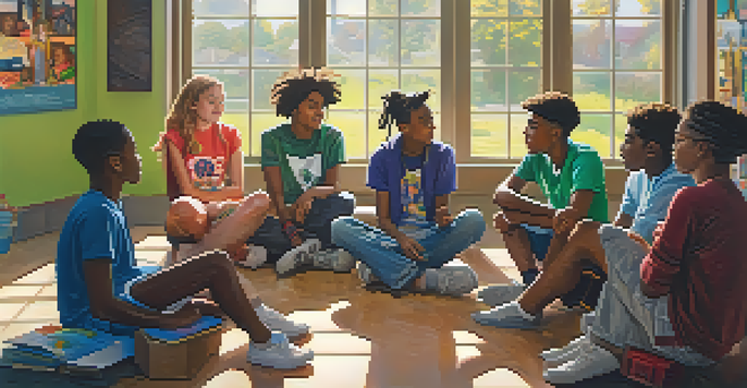 A diverse group of teenagers in a classroom discussing marijuana education, surrounded by colorful educational posters and warm sunlight.
