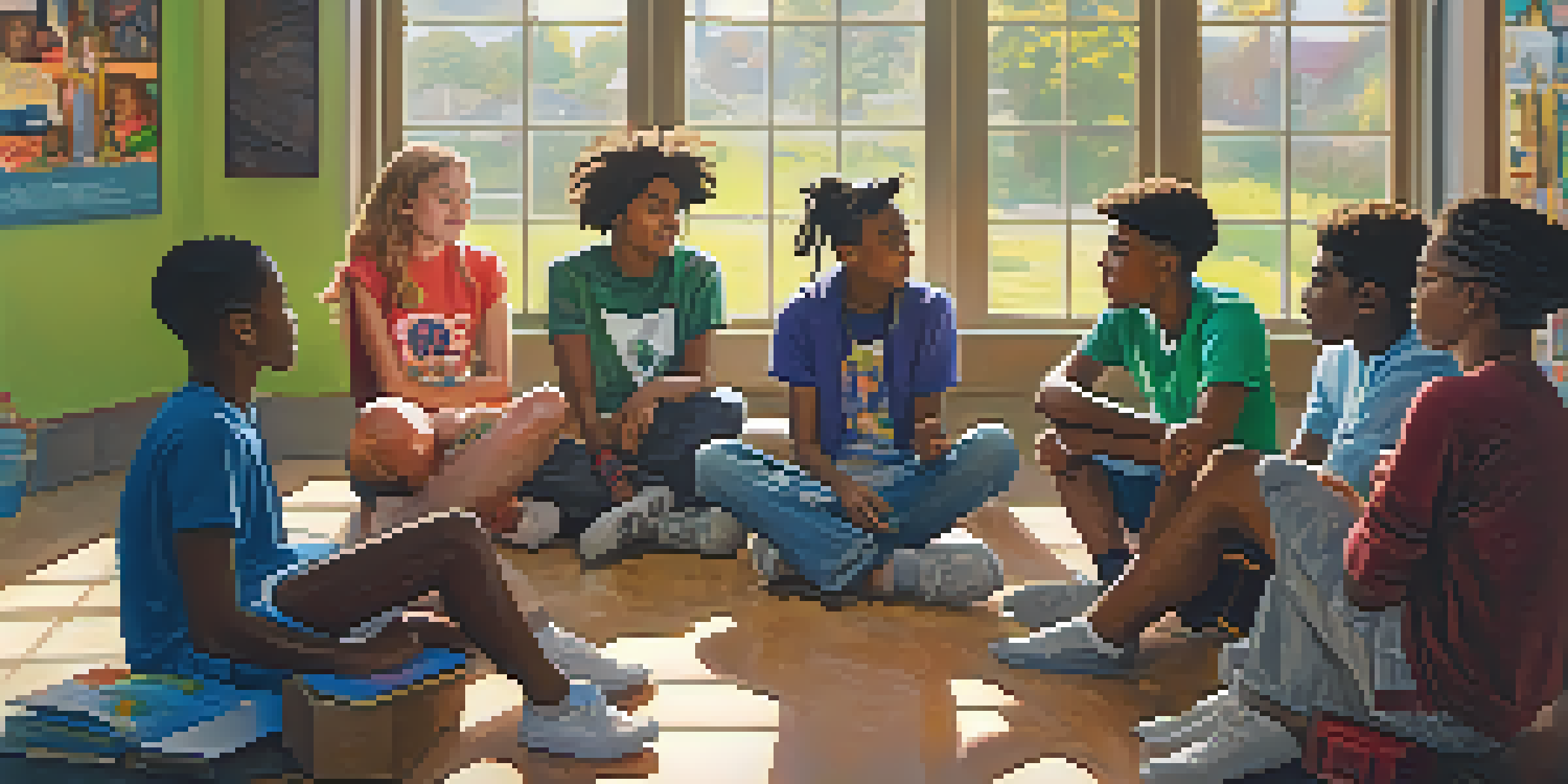A diverse group of teenagers in a classroom discussing marijuana education, surrounded by colorful educational posters and warm sunlight.