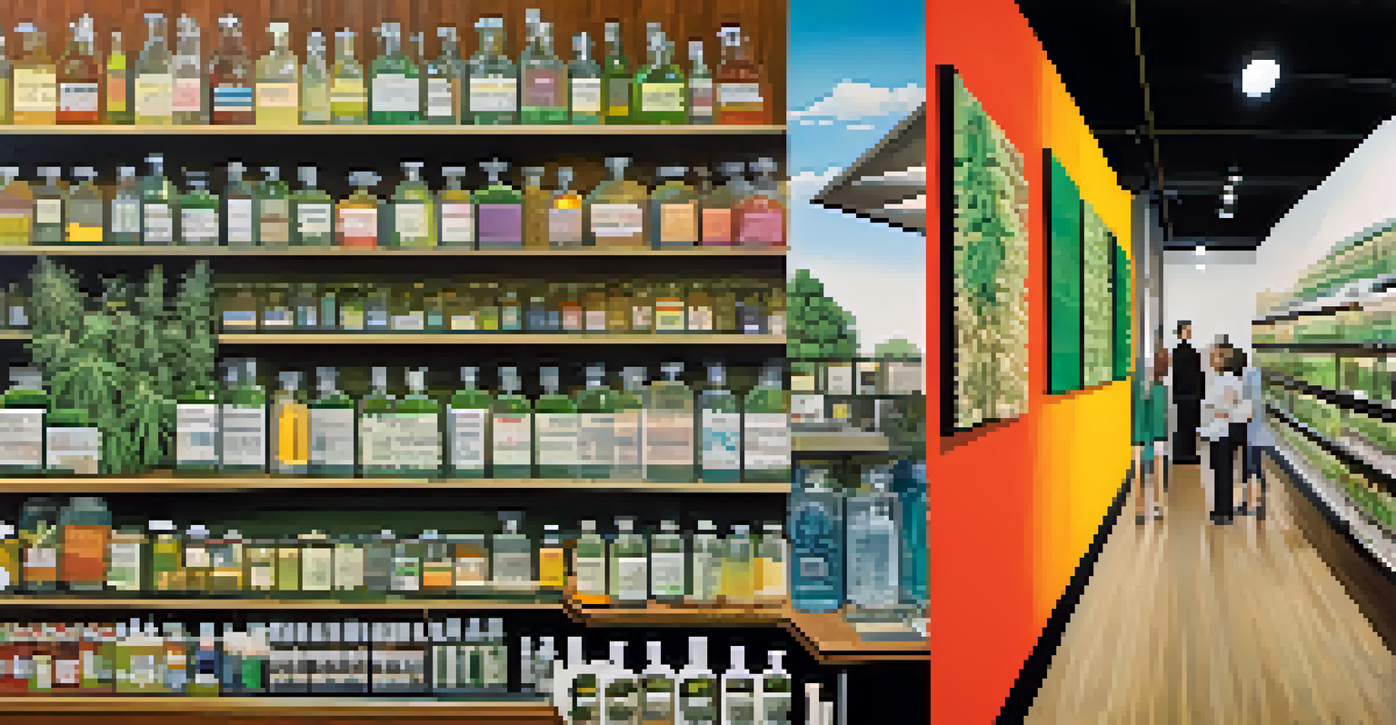 A split image showing 1930s anti-marijuana propaganda in black-and-white and a vibrant modern cannabis dispensary.