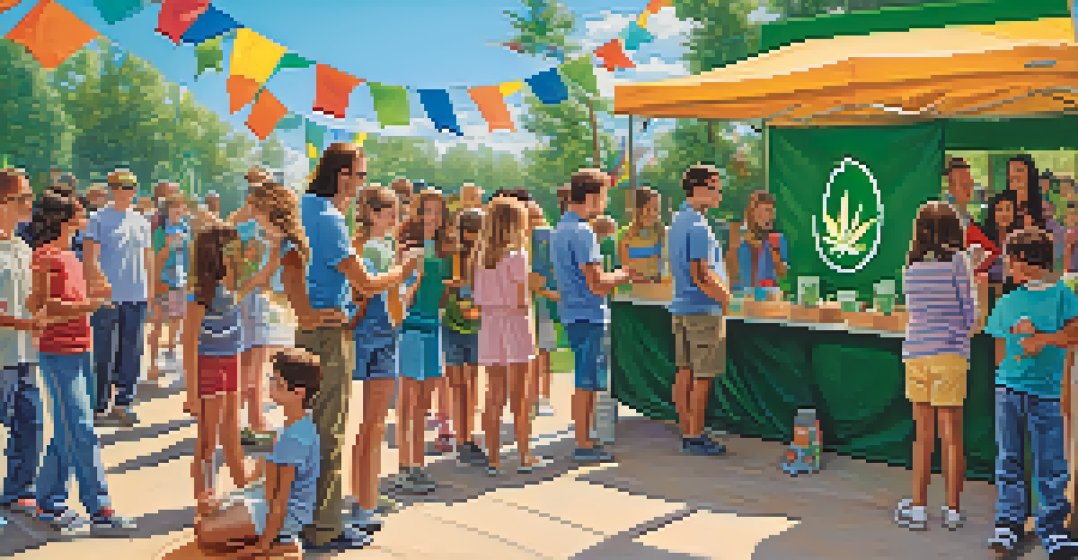 A community event featuring a booth on marijuana education with parents and children interacting, set outdoors under a clear blue sky.