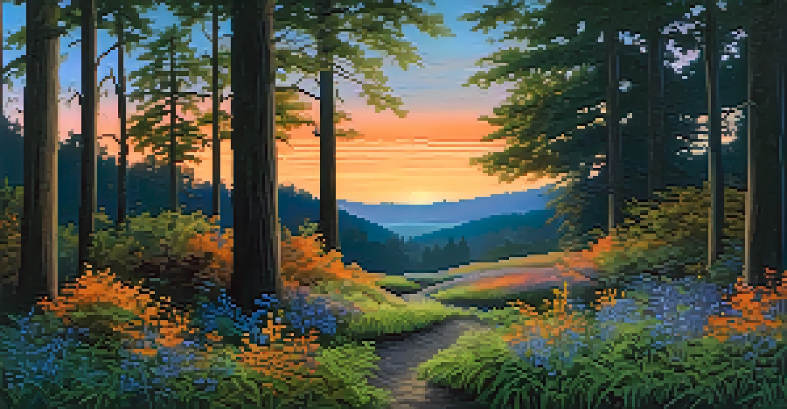 A tranquil forest landscape at twilight with silhouetted trees and colorful skies.