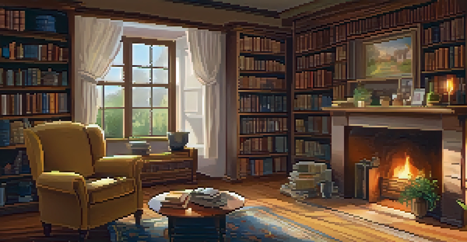 A cozy room with a fireplace, an armchair, and a table with a cup of tea, illuminated by warm light.