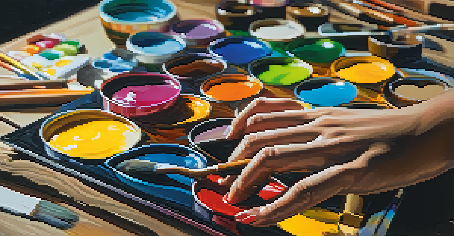 A close-up of a colorful paint palette on a wooden table, with an artist's hands working on a canvas in the background.