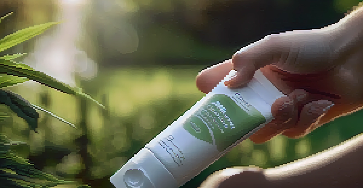 A close-up of a hand applying CBD cream to a knee, with a blurred outdoor backdrop of greenery, emphasizing a soothing atmosphere.