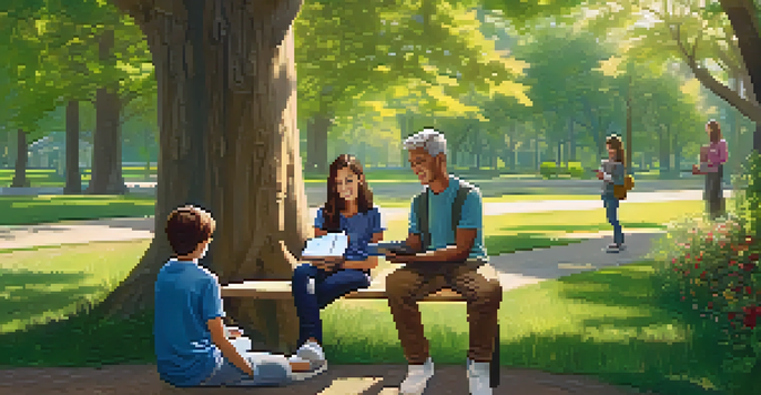 A young adult sharing educational materials about marijuana with an older family member in a serene park setting.
