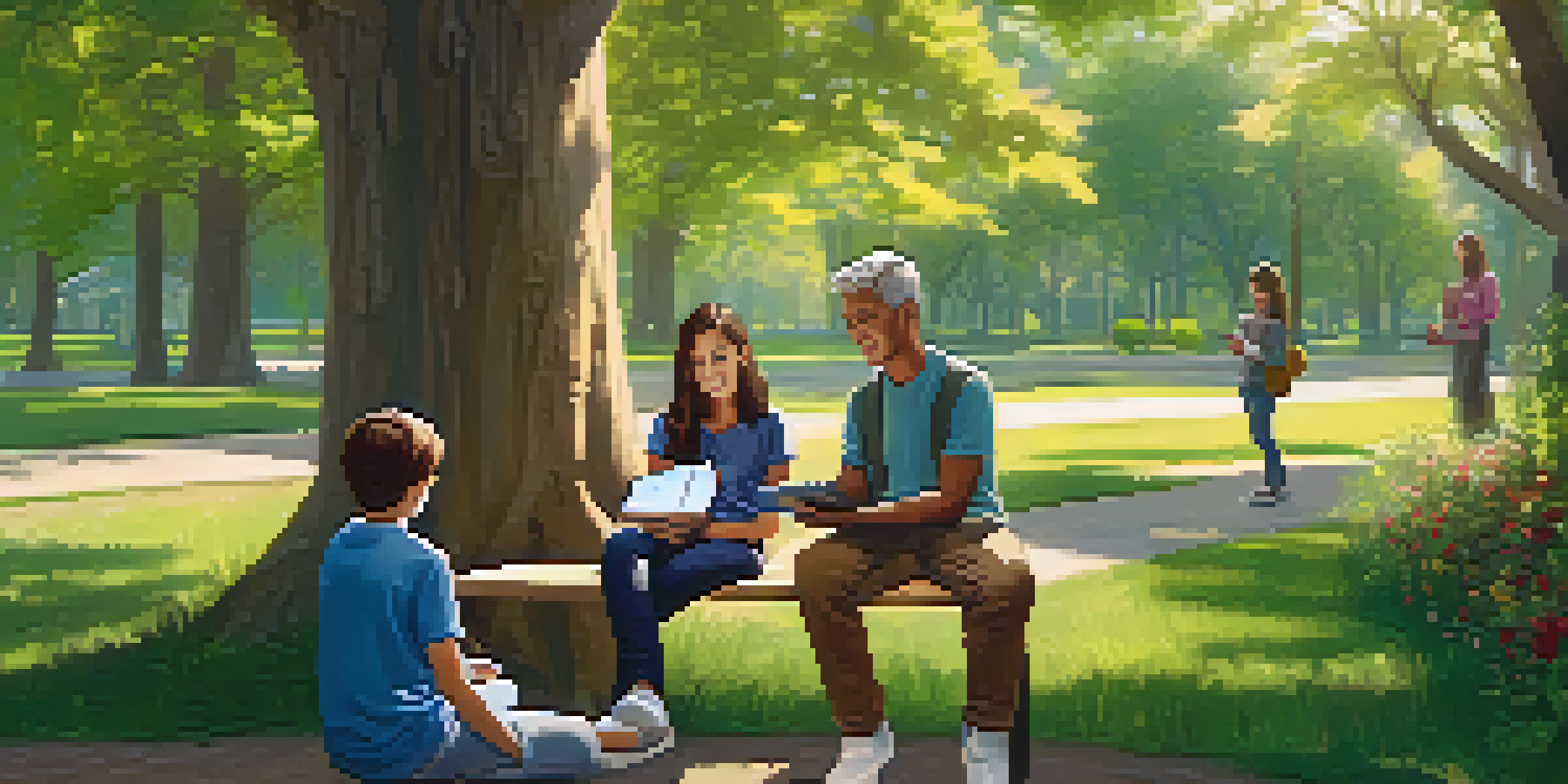 A young adult sharing educational materials about marijuana with an older family member in a serene park setting.