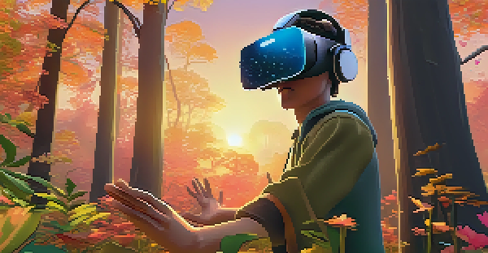 A person in a virtual reality headset reaching out to touch a leaf in a colorful forest during sunset.