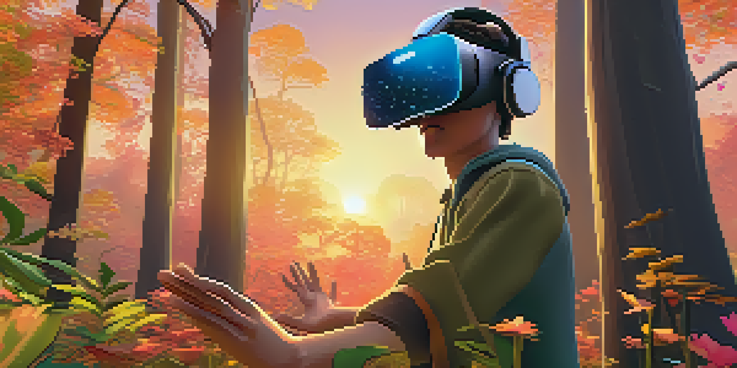 A person in a virtual reality headset reaching out to touch a leaf in a colorful forest during sunset.