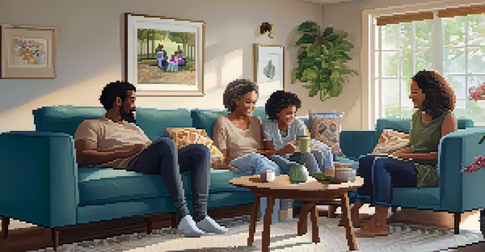 A diverse family sitting together in a cozy living room, having an open discussion around a coffee table.