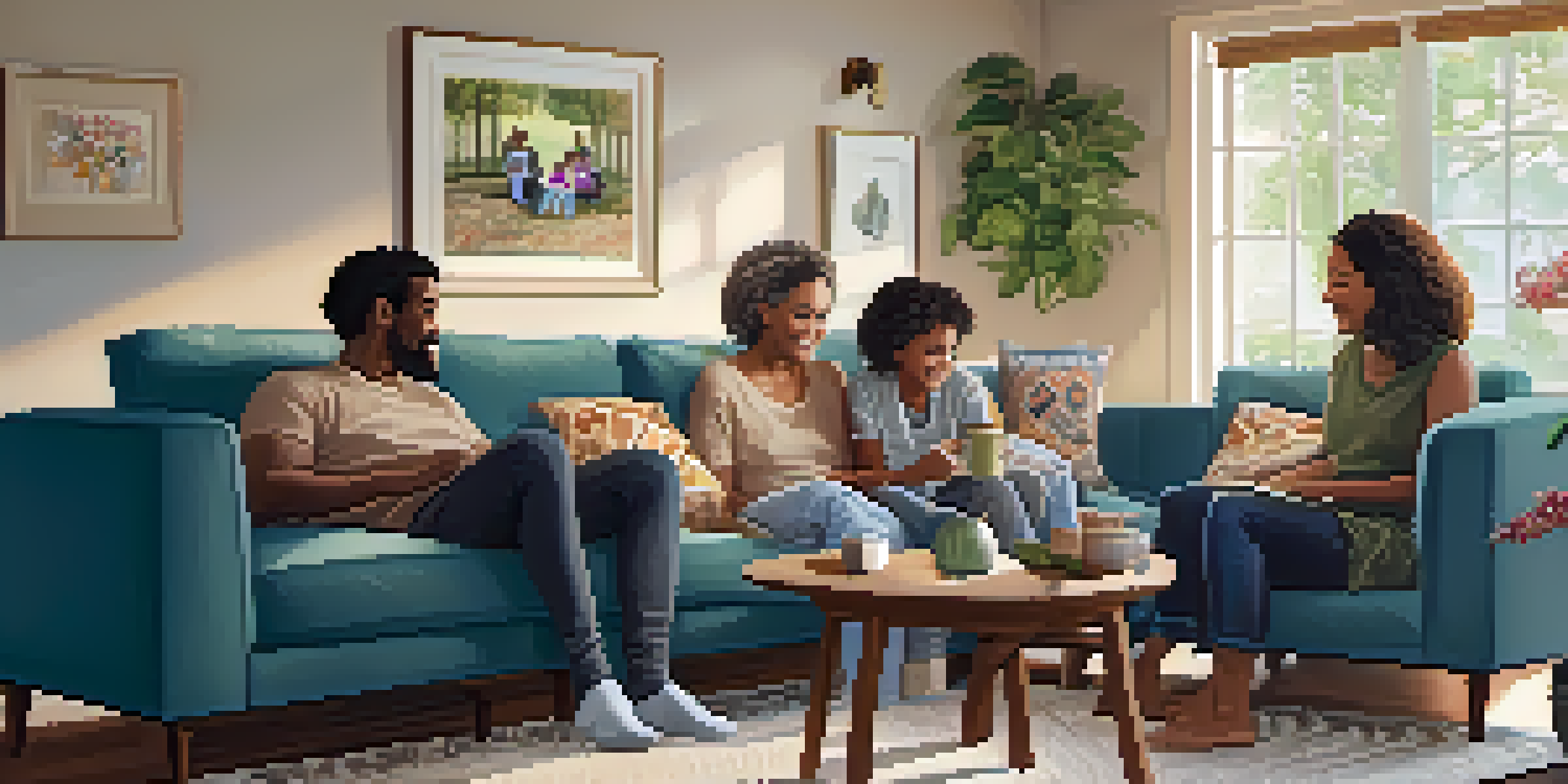 A diverse family sitting together in a cozy living room, having an open discussion around a coffee table.
