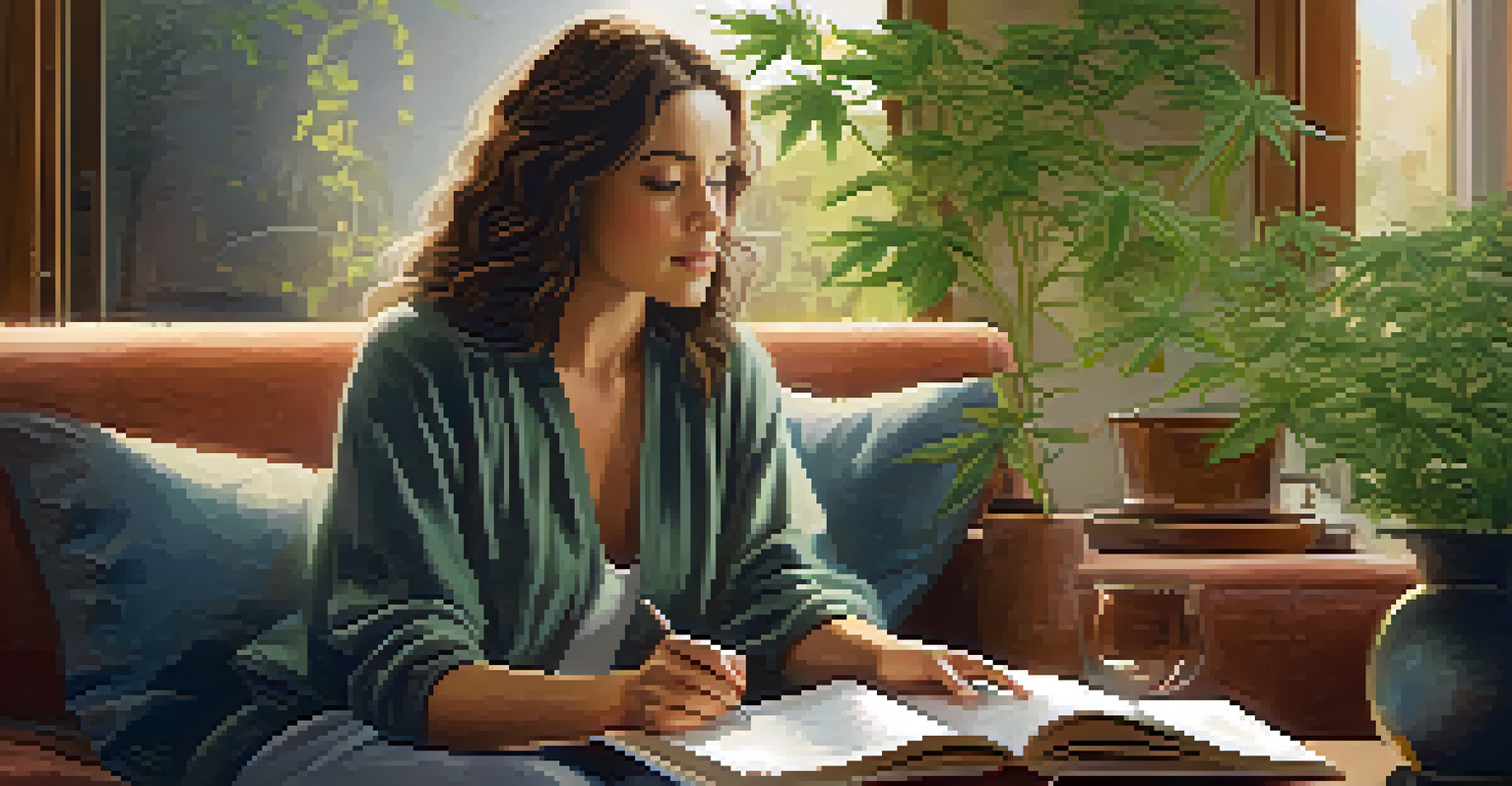 A woman sitting on a couch in a cozy home, with a journal and medical marijuana plants nearby, surrounded by soft lighting.