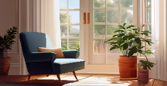 A bright and cozy room with an armchair, a window with sheer curtains, a bottle of CBD oil, and a potted plant, all bathed in warm sunlight.